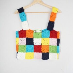 English Factory Crochet Granny Square Crop Top S Multicolor Bohemian Cottage